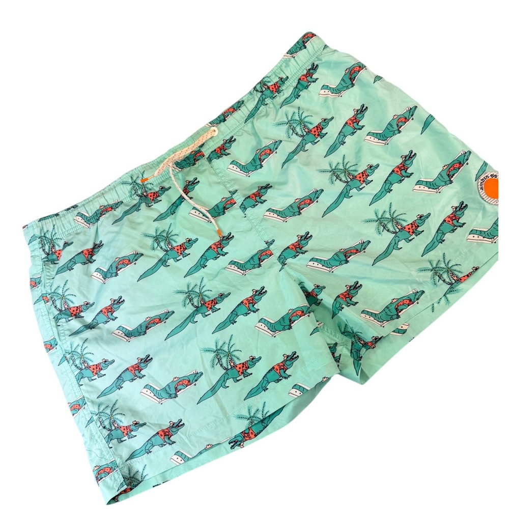 ambsn‎ California Mens Lounge Lizard Crocodile Print Swim Trunks Mint Green L